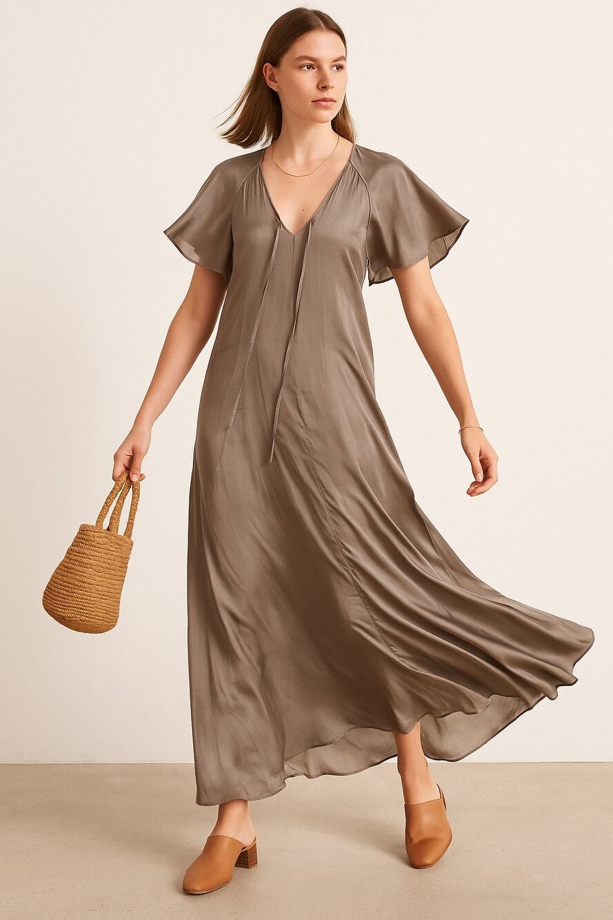 Creatures of Comfort Flutter Sleeve Maxi Dress Satin Metallic Silver 2 Cupro